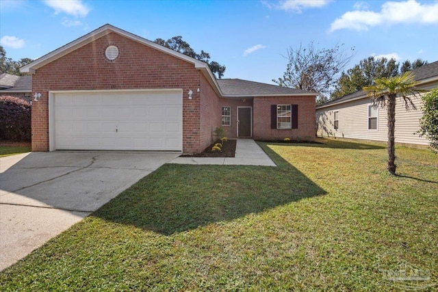 ranch-style house featuring a front lawn and a garage