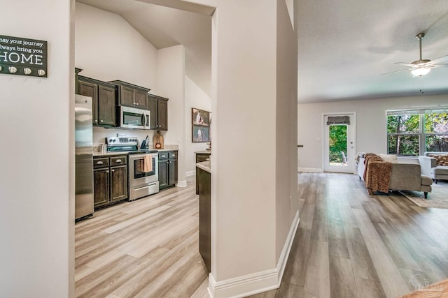 kitchen featuring a textured ceiling, dark brown cabinetry, stainless steel appliances, light wood-type flooring, and ceiling fan