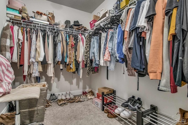 walk in closet featuring carpet flooring