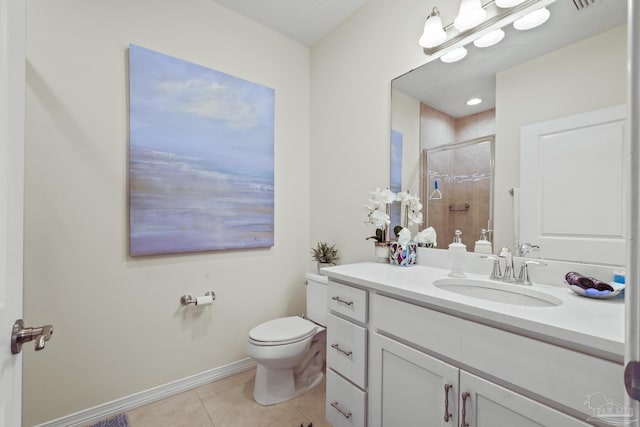 bathroom featuring toilet, vanity, baseboards, a shower stall, and tile patterned floors