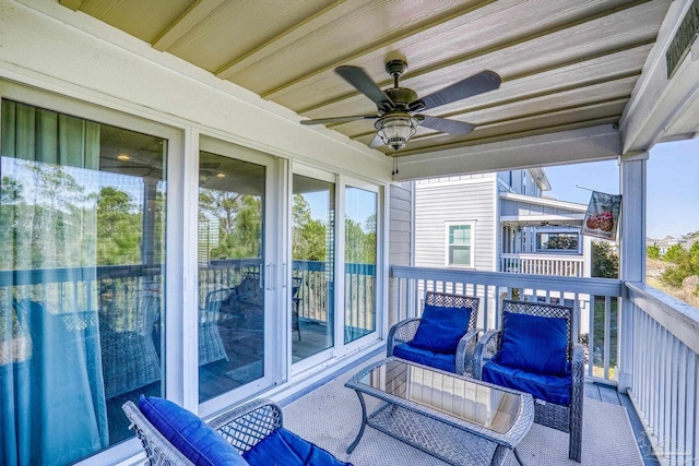 balcony with a ceiling fan