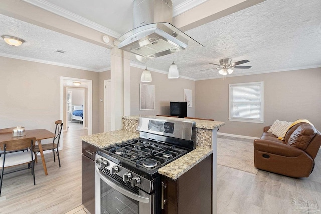 kitchen featuring stainless steel gas range oven, crown molding, light wood-type flooring, and ceiling fan