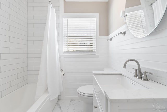 full bathroom featuring vanity, toilet, and shower / bathtub combination with curtain