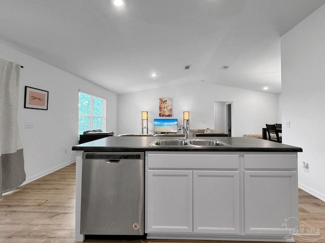 4695 Perception Cir, Milton, FL 32570 - kitchen with stainless steel dishwasher, a sink, light wood-style flooring, dark countertops, and white cabinetry