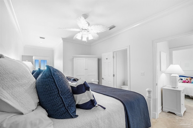 tiled bedroom featuring crown molding, ceiling fan, and connected bathroom