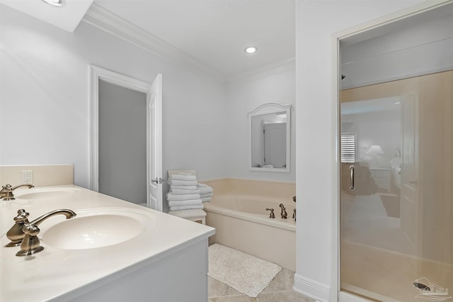 bathroom with crown molding, vanity, plus walk in shower, and tile patterned flooring