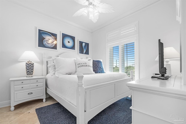 bedroom featuring crown molding, ceiling fan, and light tile patterned floors