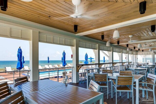 14390 Cordgrass Ln, Pensacola, FL 32507 - exterior space featuring wooden ceiling, wood finished floors, a water view, and beam ceiling