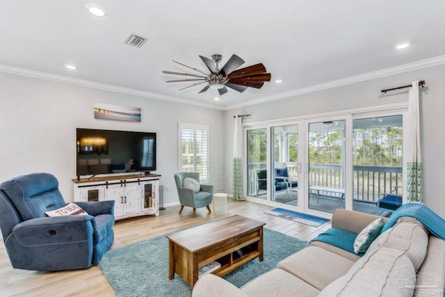 14390 Cordgrass Ln, Pensacola, FL 32507 - living room with visible vents, light wood finished floors, recessed lighting, ceiling fan, and ornamental molding