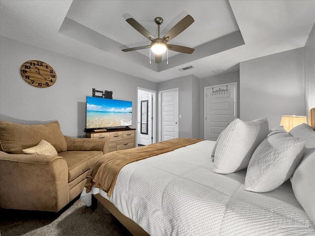 bedroom featuring a raised ceiling and ceiling fan