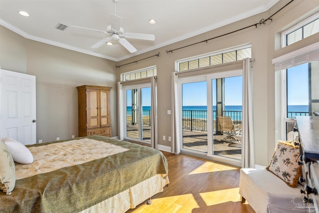 bedroom with access to exterior, ceiling fan, light hardwood / wood-style flooring, a water view, and ornamental molding