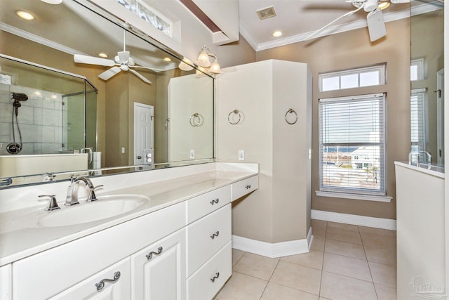 bathroom with ceiling fan, walk in shower, tile patterned floors, crown molding, and vanity