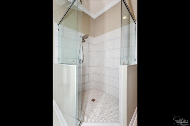 bathroom with ornamental molding and tiled shower