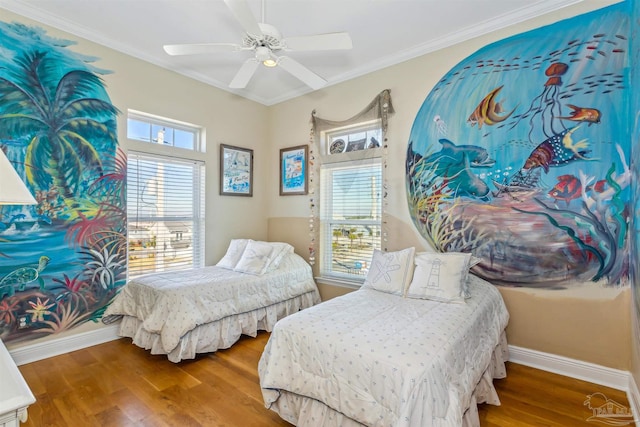 bedroom with hardwood / wood-style flooring, ceiling fan, and ornamental molding