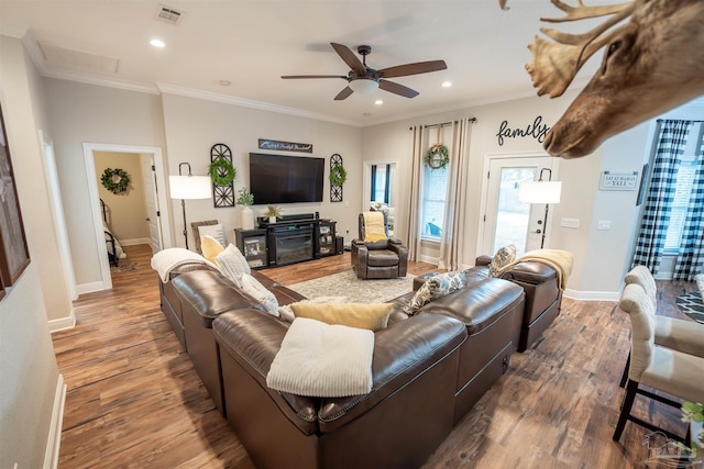 living room featuring ceiling fan, ornamental molding, and dark hardwood / wood-style flooring