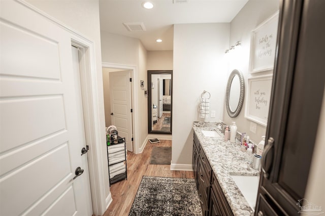 bathroom with wood-type flooring and vanity