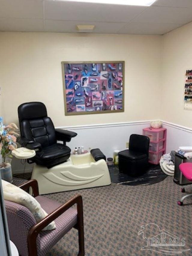 living area featuring carpet floors and a paneled ceiling