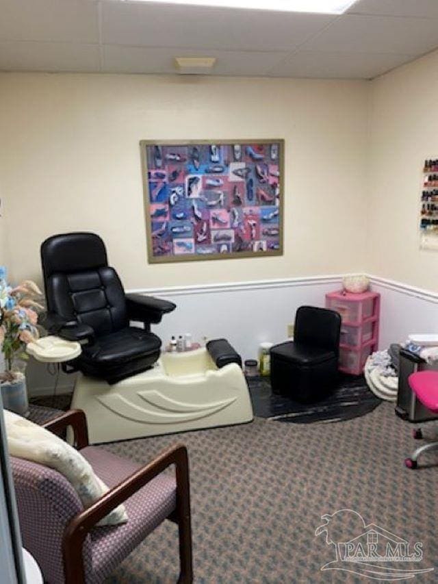 sitting room featuring carpet flooring and a drop ceiling