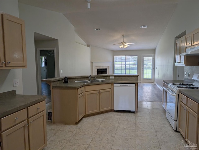 2441 Pine Forest Rd, Pensacola, FL 32533 - kitchen with white appliances, dark countertops, under cabinet range hood, a ceiling fan, and open floor plan