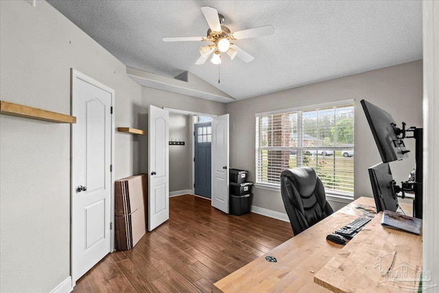 2863 Wallace Lake Rd, Pace, FL 32571 - office space featuring a ceiling fan, a textured ceiling, dark wood finished floors, and lofted ceiling