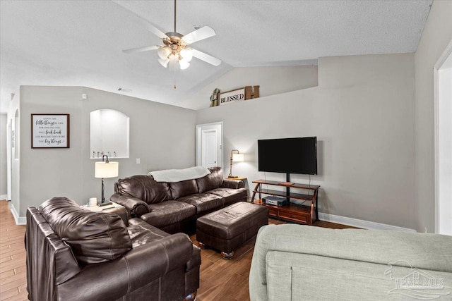 2863 Wallace Lake Rd, Pace, FL 32571 - living room with baseboards, ceiling fan, wood finished floors, and lofted ceiling