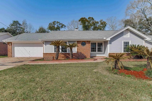 ranch-style house with a garage, a front yard, concrete driveway, and brick siding