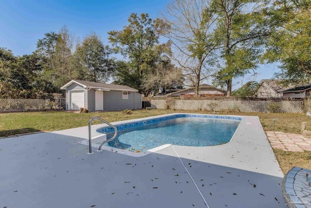 view of swimming pool featuring a patio, an outdoor structure, a fenced backyard, and a fenced in pool