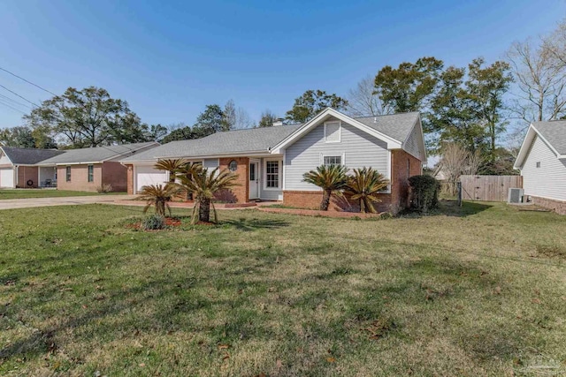 ranch-style home with brick siding, concrete driveway, an attached garage, central AC unit, and fence