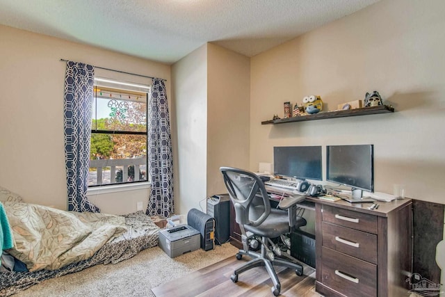 home office featuring a textured ceiling and light hardwood / wood-style flooring