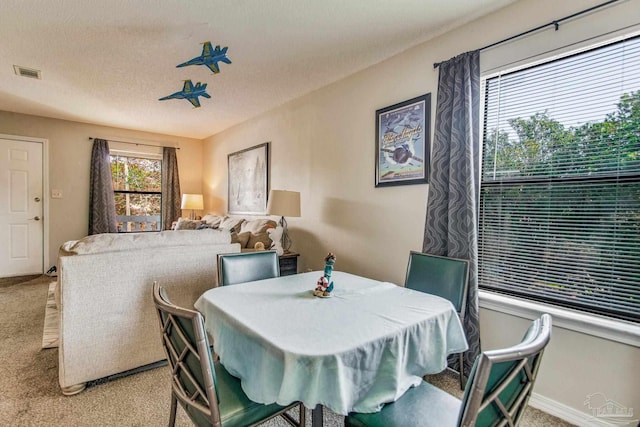 carpeted dining room with a textured ceiling