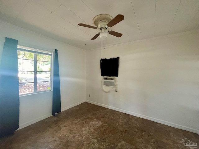 tiled spare room featuring an AC wall unit and ceiling fan