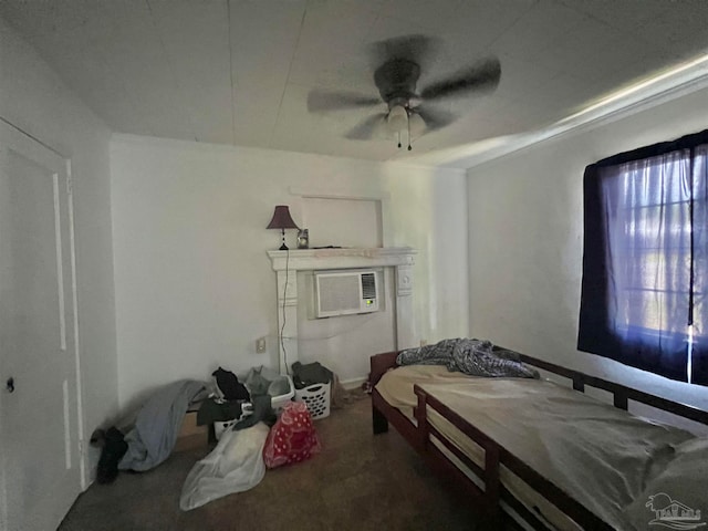 bedroom featuring carpet, a wall mounted AC, and ceiling fan