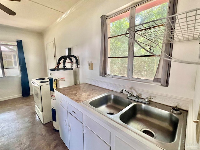 kitchen featuring white cabinetry, ceiling fan, electric water heater, sink, and white electric stove