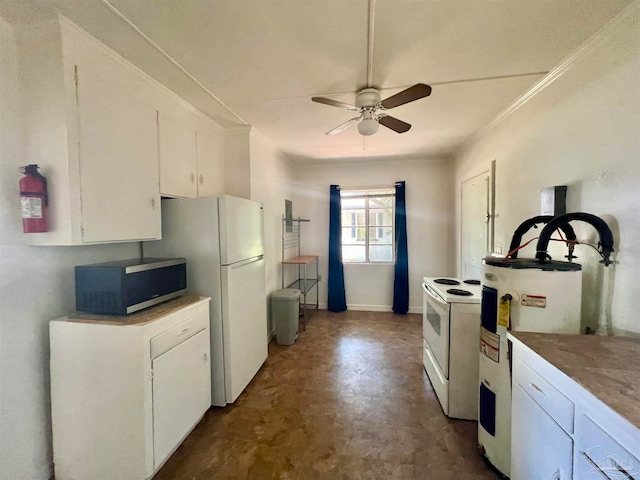 kitchen featuring water heater, white cabinets, white range with electric stovetop, tile patterned floors, and ceiling fan