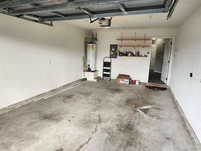 garage with water heater and a garage door opener