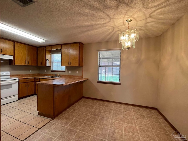 kitchen with kitchen peninsula, sink, white range with electric cooktop, pendant lighting, and a textured ceiling