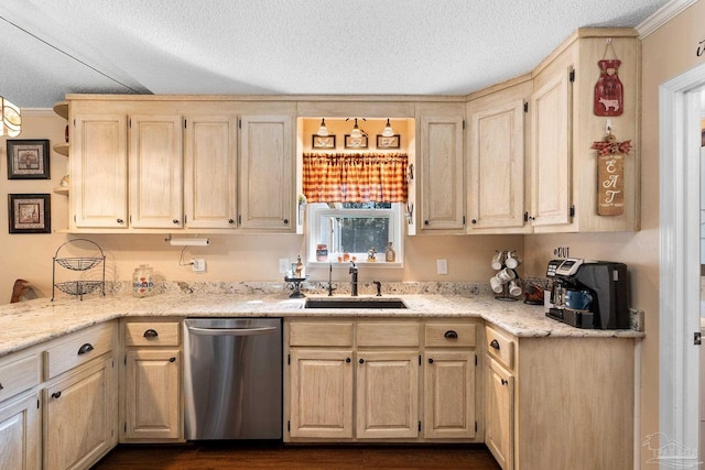 kitchen with dark hardwood / wood-style flooring, light stone counters, stainless steel dishwasher, a textured ceiling, and sink