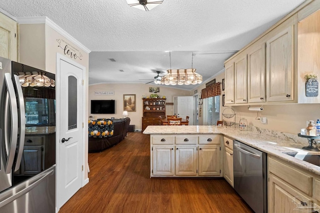 kitchen with dark wood-type flooring, crown molding, ceiling fan, appliances with stainless steel finishes, and kitchen peninsula