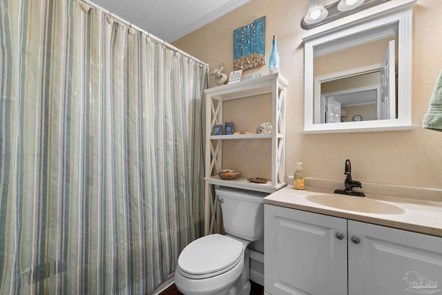 bathroom featuring vanity, curtained shower, toilet, and a textured ceiling