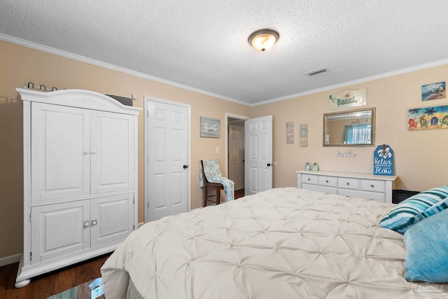 bedroom with a textured ceiling, dark wood-type flooring, and crown molding