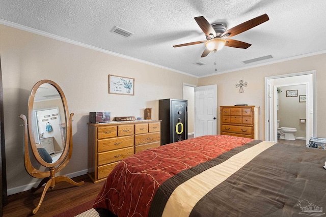 bedroom featuring ensuite bathroom, crown molding, ceiling fan, dark hardwood / wood-style floors, and a textured ceiling