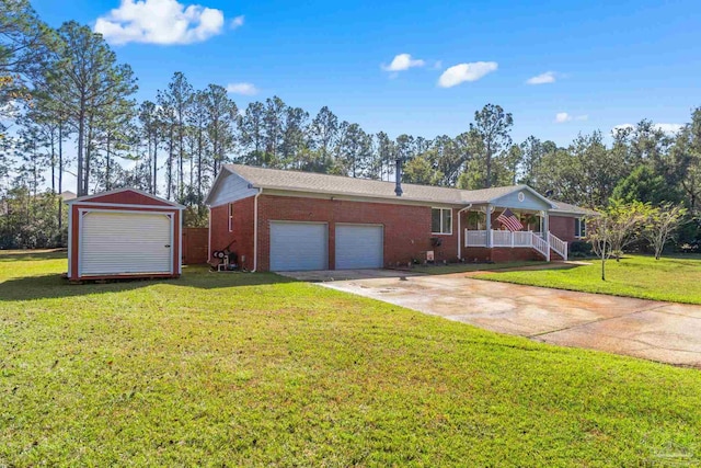 ranch-style house with a front lawn, a porch, and a garage