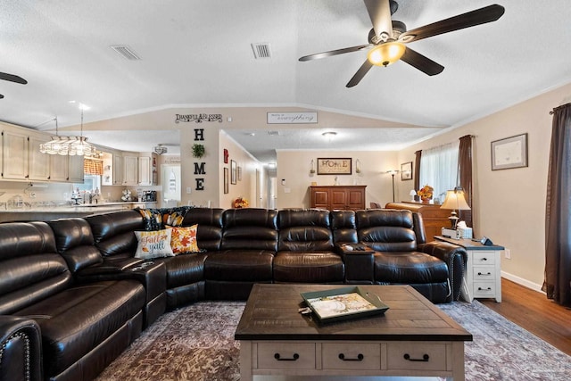 living room with a textured ceiling, a healthy amount of sunlight, dark wood-type flooring, and vaulted ceiling