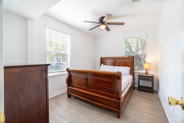 bedroom with ceiling fan and light wood-type flooring