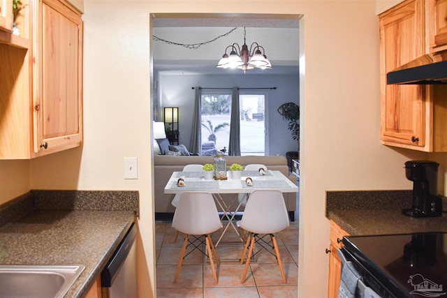 kitchen featuring pendant lighting, dishwasher, light brown cabinets, a notable chandelier, and light tile patterned flooring