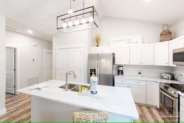 kitchen with white cabinetry, stainless steel appliances, visible vents, and a sink