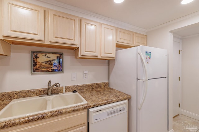 kitchen featuring white appliances, light brown cabinetry, sink, ornamental molding, and light tile patterned flooring