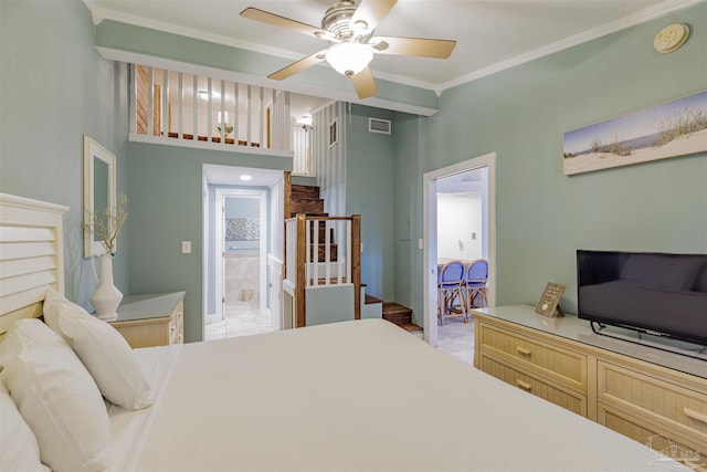 bedroom featuring ceiling fan, connected bathroom, and ornamental molding