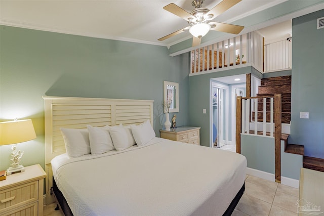 bedroom with light tile patterned flooring, ceiling fan, and ornamental molding