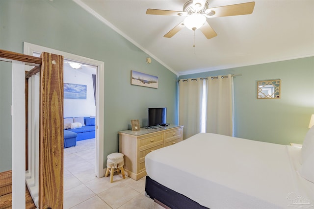 tiled bedroom with ceiling fan, ornamental molding, and lofted ceiling